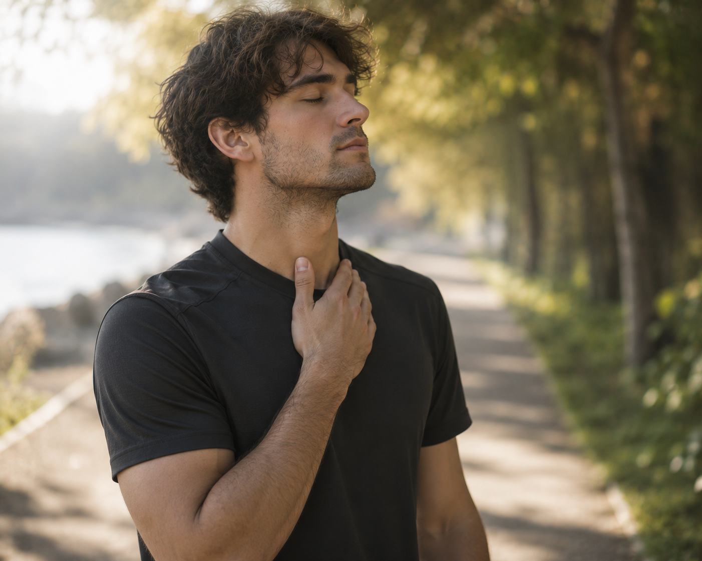Person pausing outdoors with a hand resting at their throat, eyes closed
