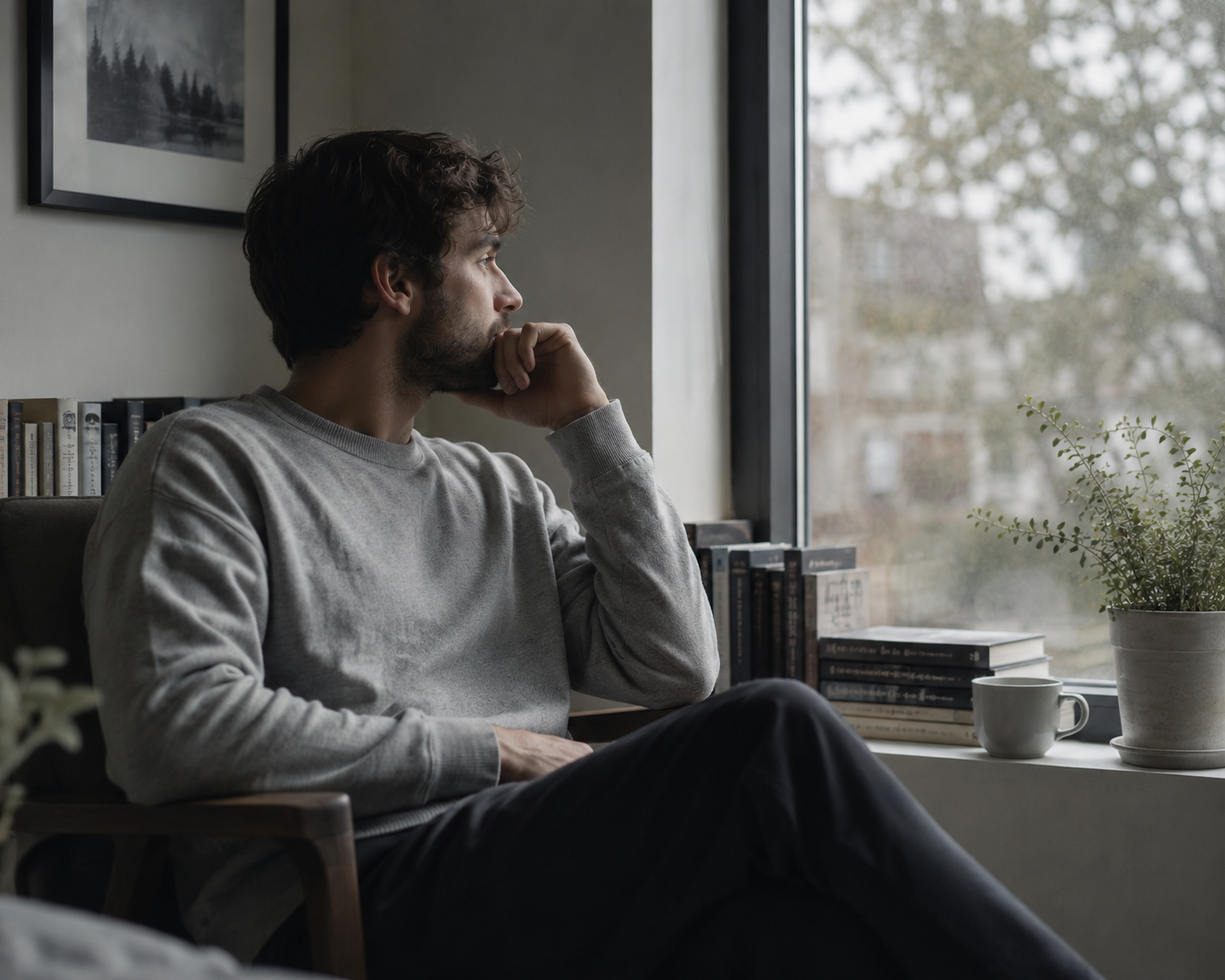 Person sitting quietly by a window in thoughtful reflection