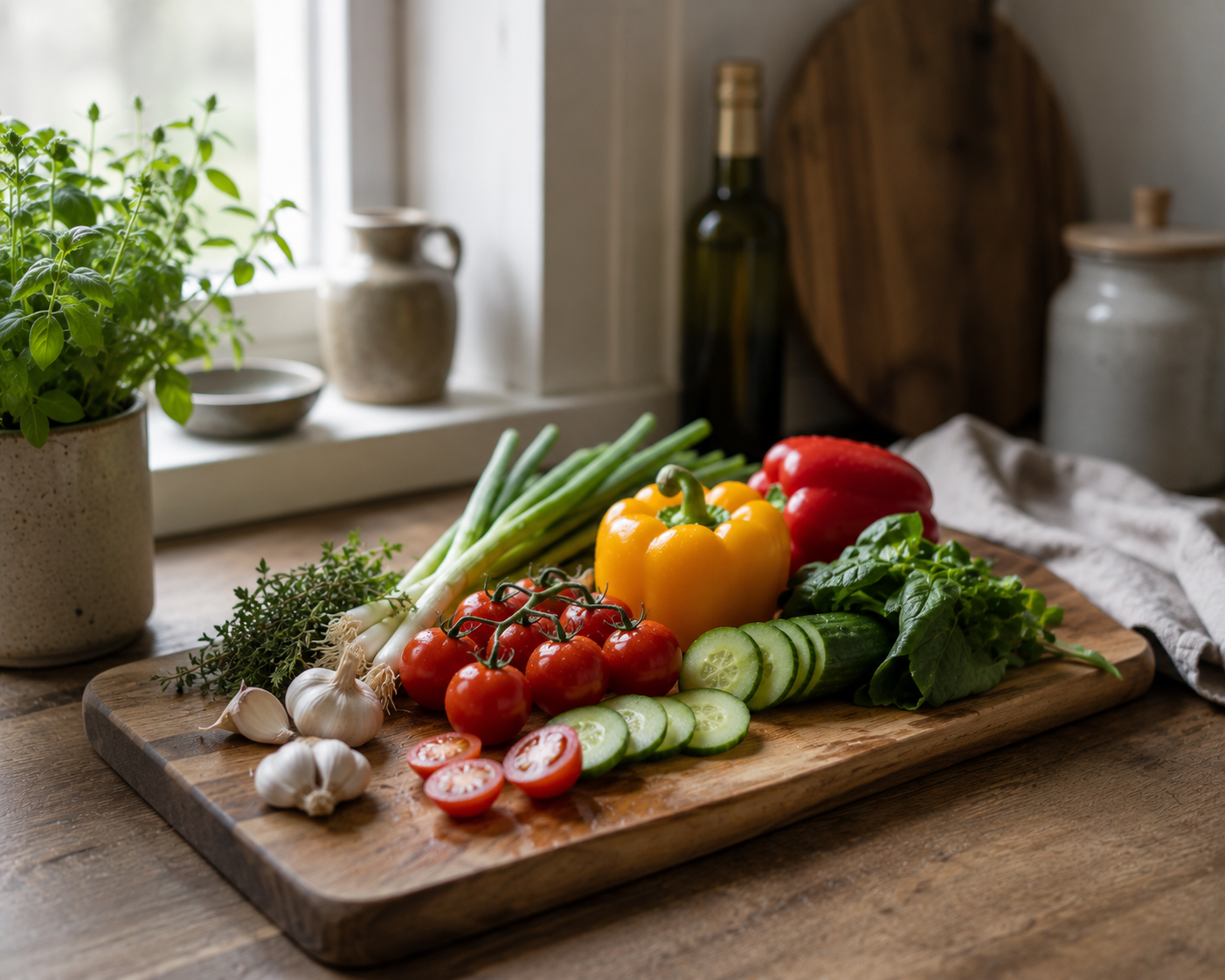 Fresh vegetables and herbs arranged on a wooden cutting board