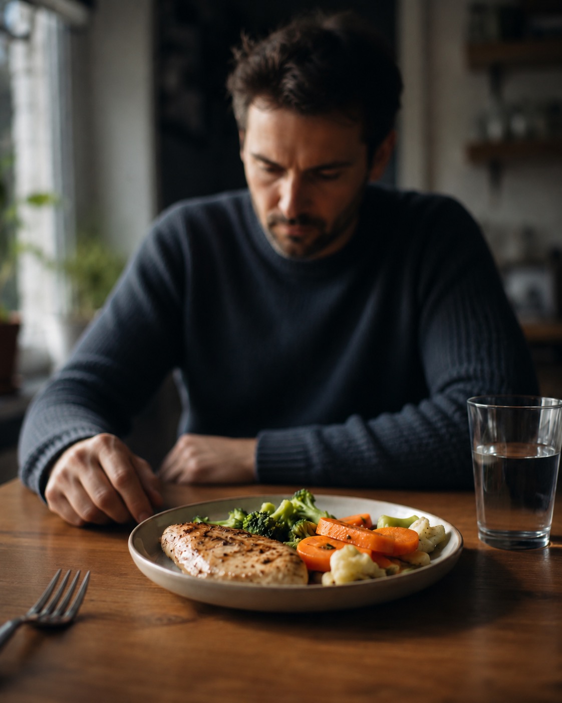 A person sitting at a kitchen table with an untouched plate of food, looking tired but thoughtful