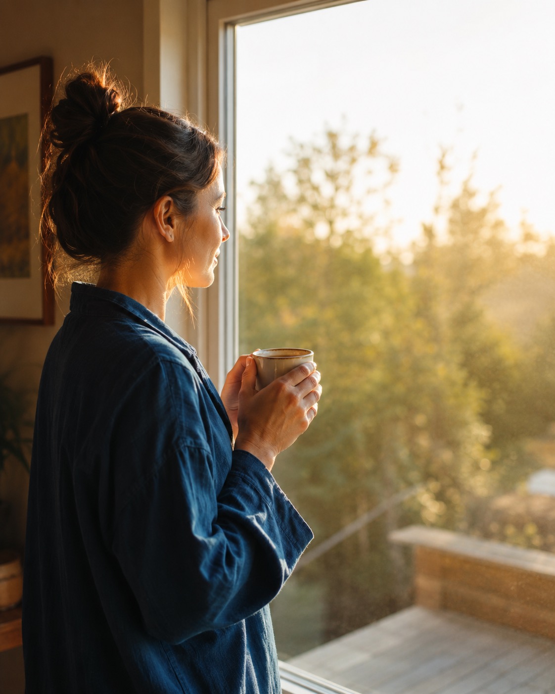Woman looking out a sunlit window with a cup of tea, calm and hopeful