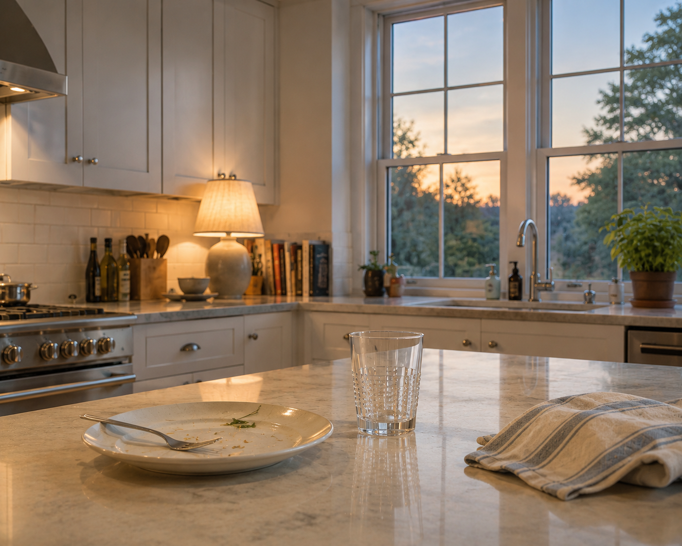 Kitchen counter at dusk with an empty plate and glass, quiet and still