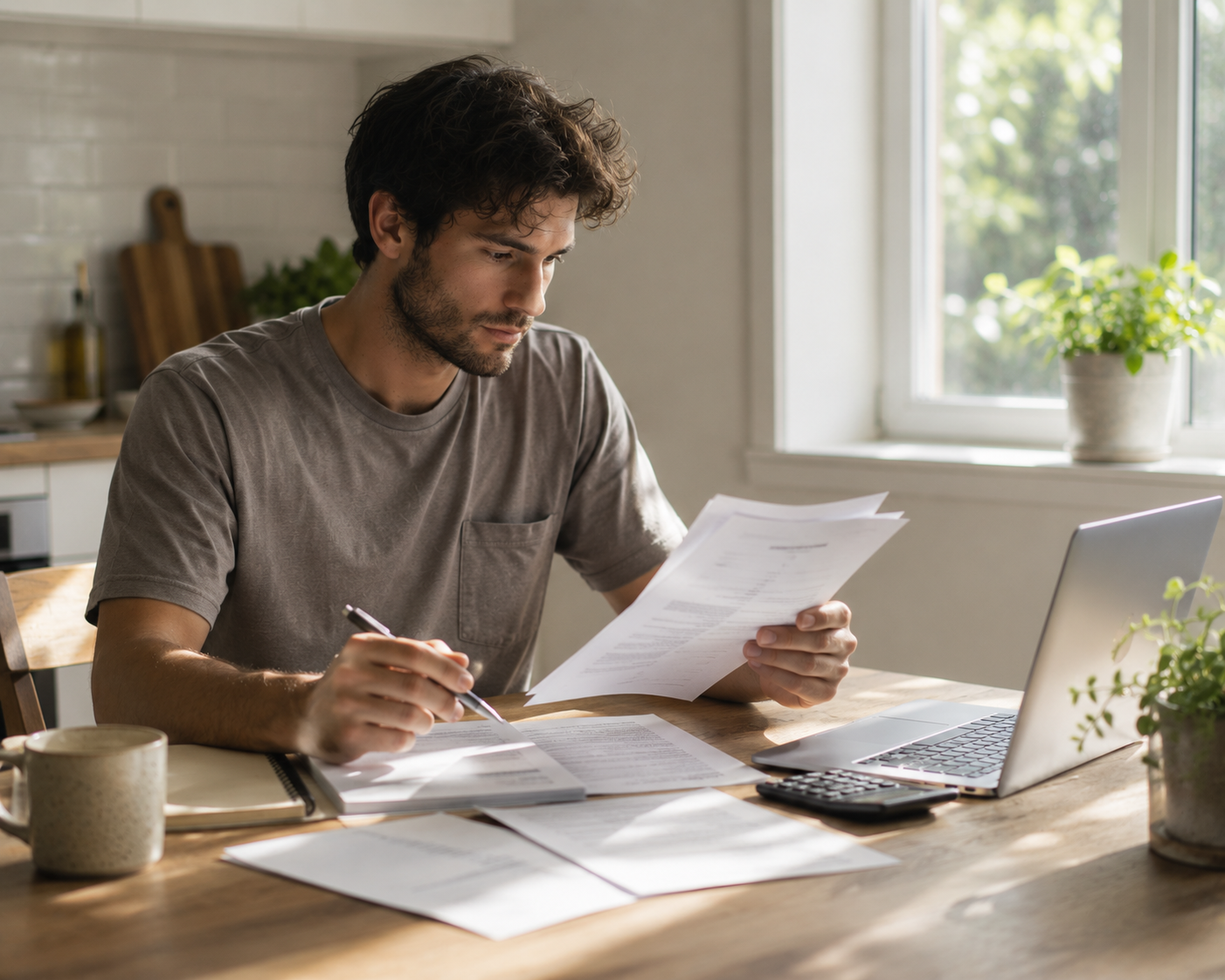 Person calmly reviewing paperwork and a laptop at a bright kitchen table