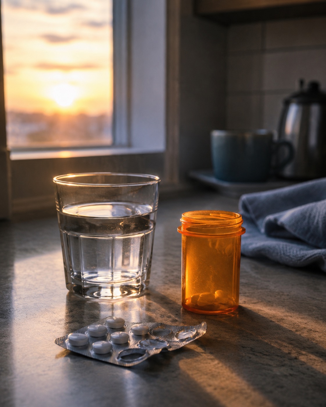 A pill bottle and torn blister pack beside a glass of water in soft morning light