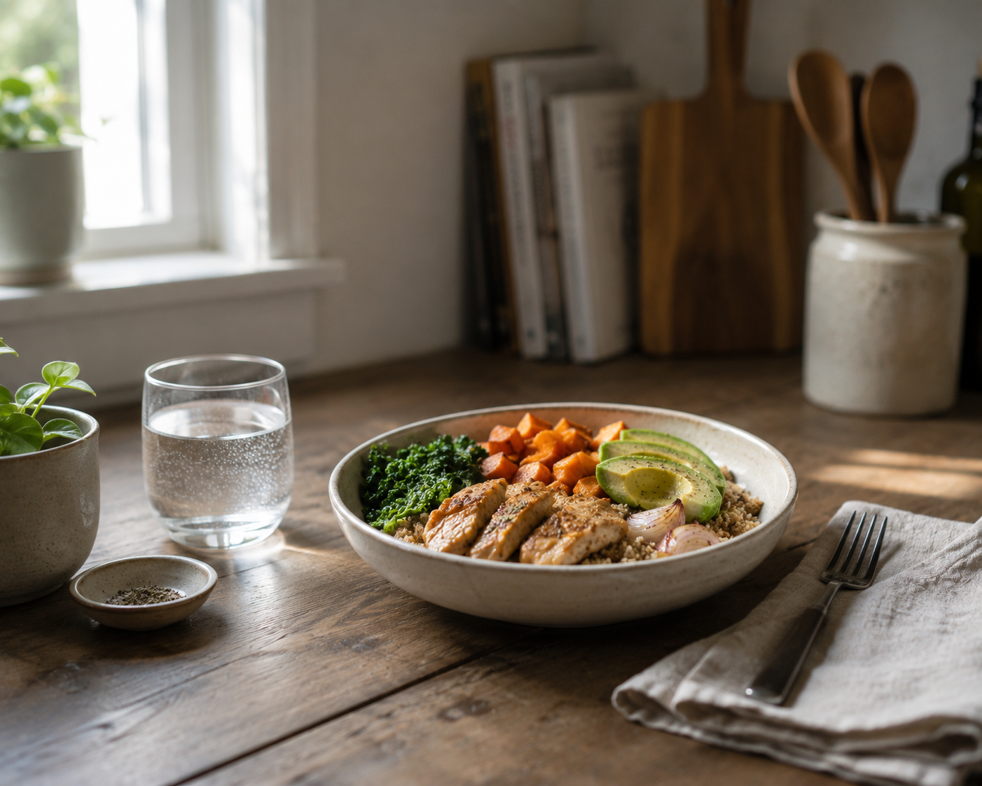 Wholesome bowl of food with vegetables and protein on a wooden table