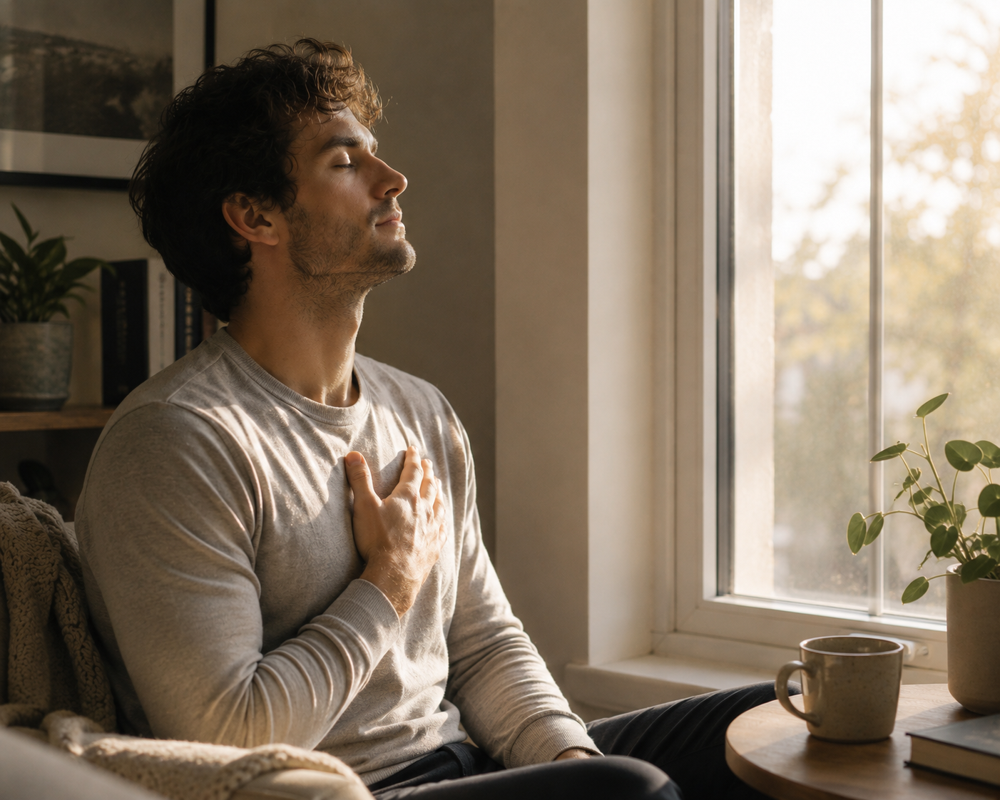 Person taking a quiet breath with a hand resting on their chest, calm sunlit room