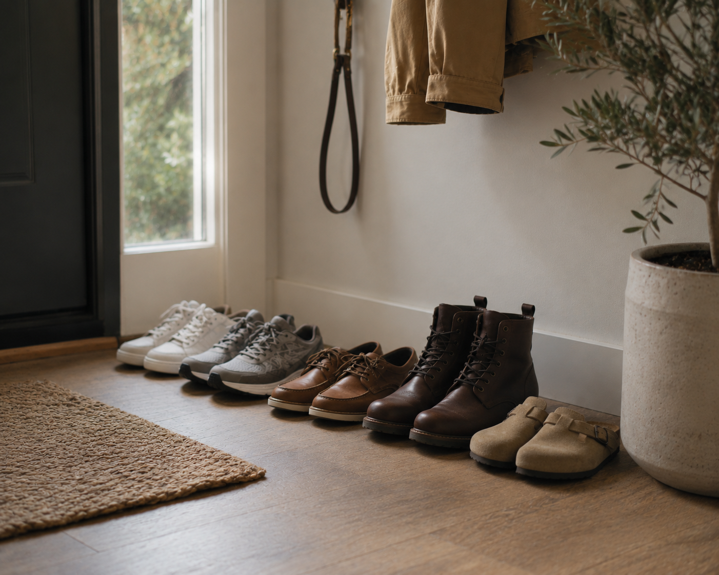 Row of different shoes lined up neatly by a front door