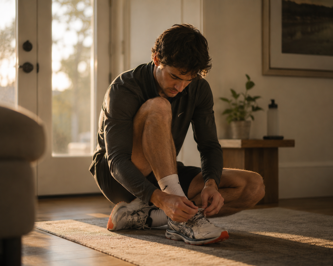 Person tying their running shoes in soft morning light