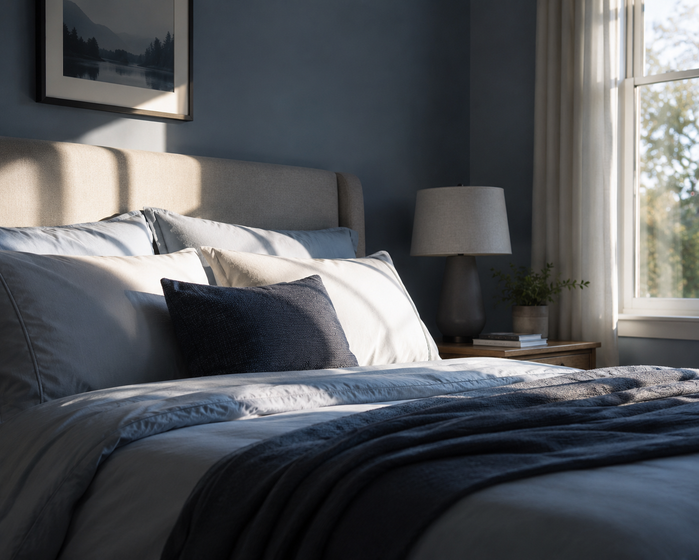 Softly lit bedroom with pillows and layered bedding in the evening light